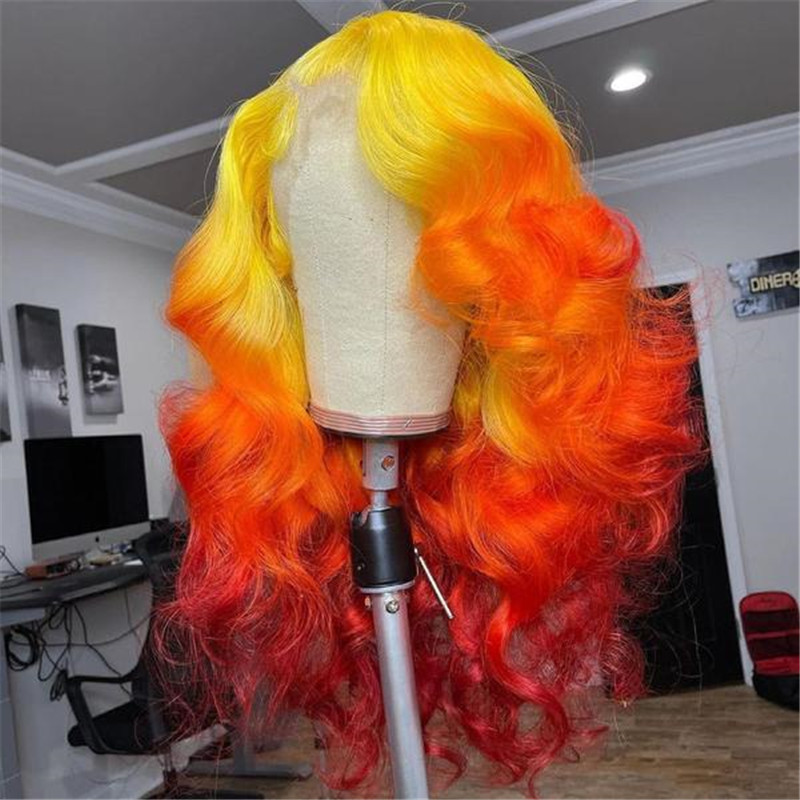 Peruvian Hair Yellow Orange Red Ombre Color Lace Front Wig