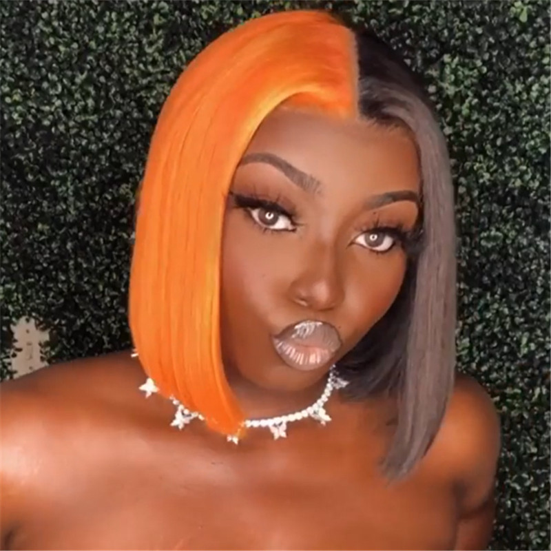 Human Hair Half Orange Half Black Lace Front Bob Wig