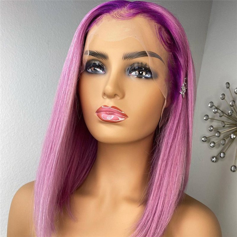 Purple Pink Ombre Lace Front Wig Straight Bob Wigs For Women Brazilian Remy Transparent Lace Wigs 1B/Pink Colored Bob Wig 150%