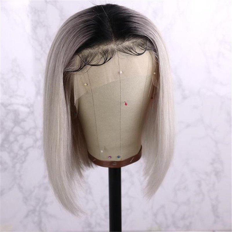 Human Hair Silver Grey With Dark Root Lace Front Bob Wig
