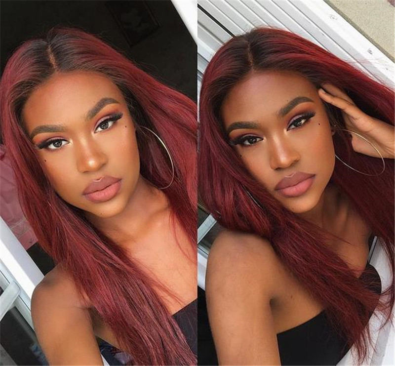 Peruvian Hair Brick Red Wtih Dark Root Straight Lace Front Wigs