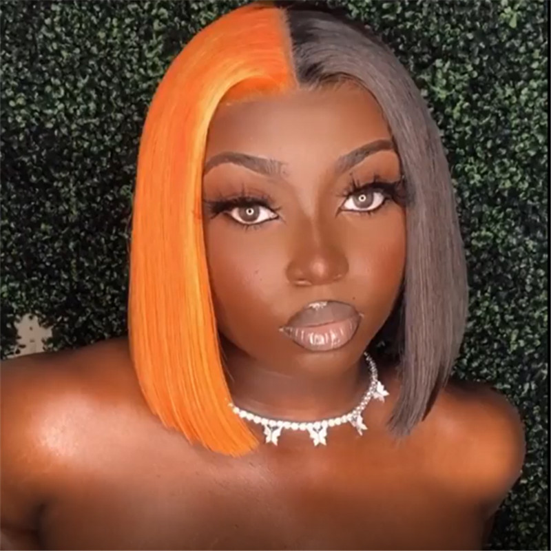 Peruvian Hair Wig Half Black Half Orange Color Body Wavy