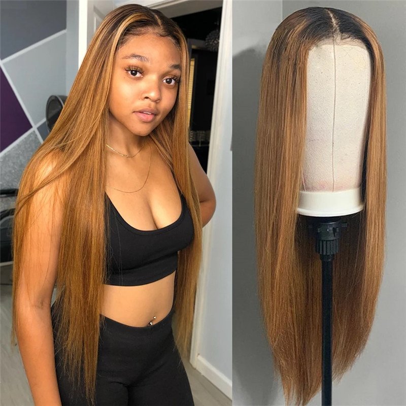 Straight Brown 13x4 Lace Front Wig Honey Blonde Brazilian Remy 1b/27 Ombre Lace Front Human Hair Wigs For Women Bleach Knots