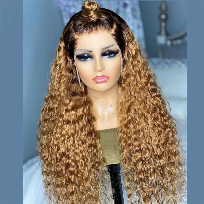 Honey Blonde Human Hair Wigs 13x4 Ombre Colored Curly Lace Front Human Hair Wigs Brazilian Remy Hair Highlight Wig