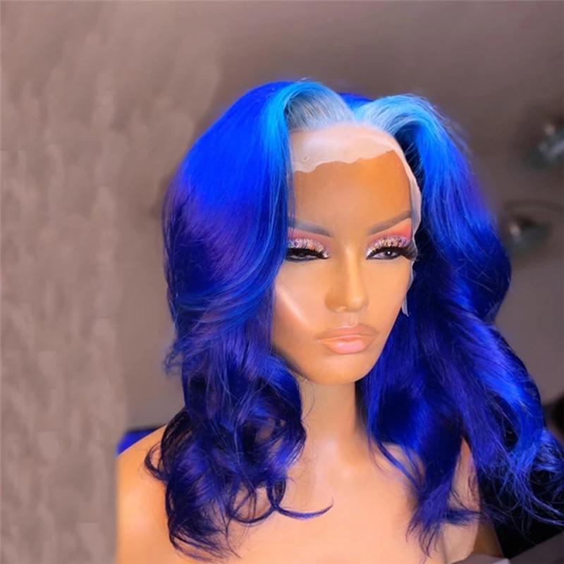 Bob Wavy Blue Wig Brazilian Remy Hair Blue Human Hair Lace Wig Bob Ombre Human Hair Wigs For Women Transparent Lace Wigs 150%