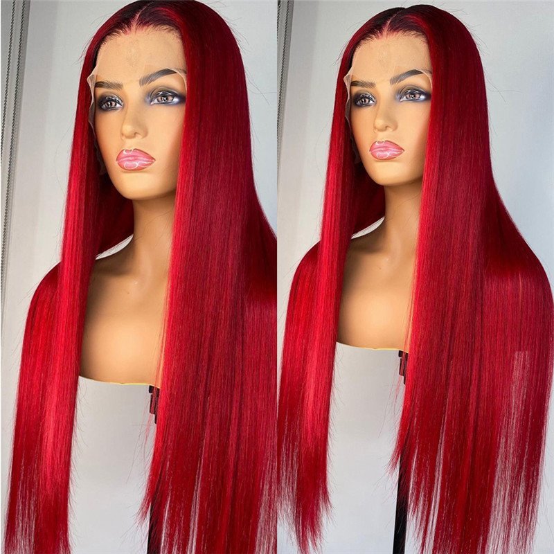 Straight Red Lace Front Human Hair Wigs 99J Brazilian Remy Red Colored Wigs For Women Red Lace Front Wig Bleached Knots 150%