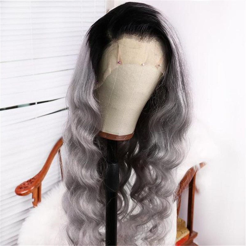 Human Hair Silver Grey Color With Dark Root Lace Front Wig