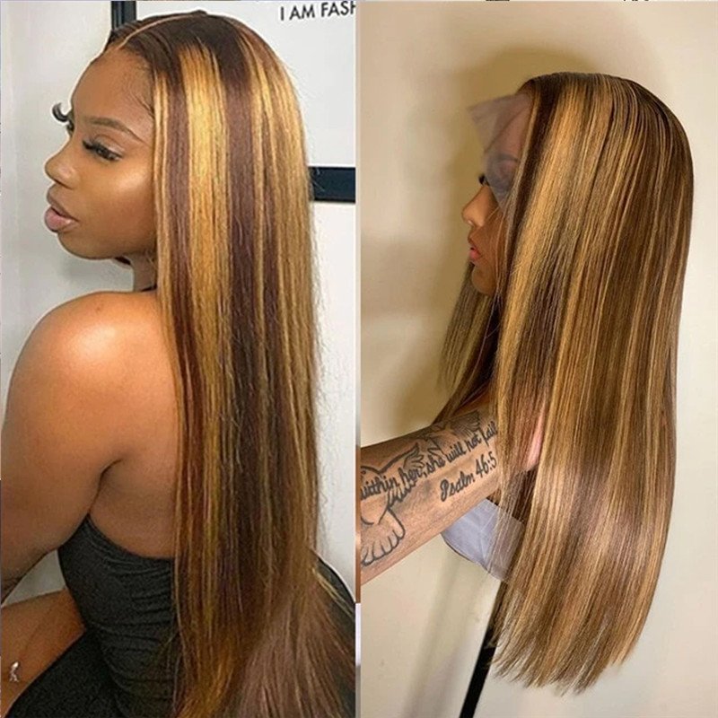 Ombre Straight Lace Front Wig Highlight 28Inch Lace Front Wig Brazilian Remy Highlight Wig Honey Brown Colored Human Hair Wigs