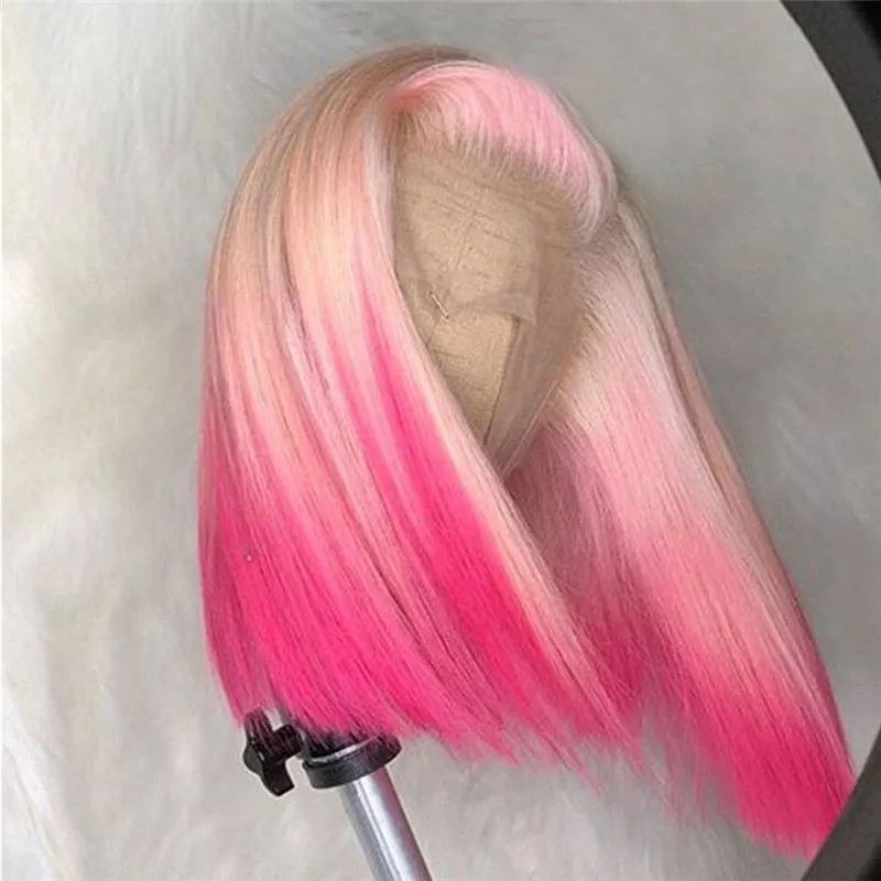 150% Straight Pink Ombre Bob Lace Front Wig Brazilian Remy Blue Bob Colored Human Hair Wigs For Women Transparent Lace Wigs