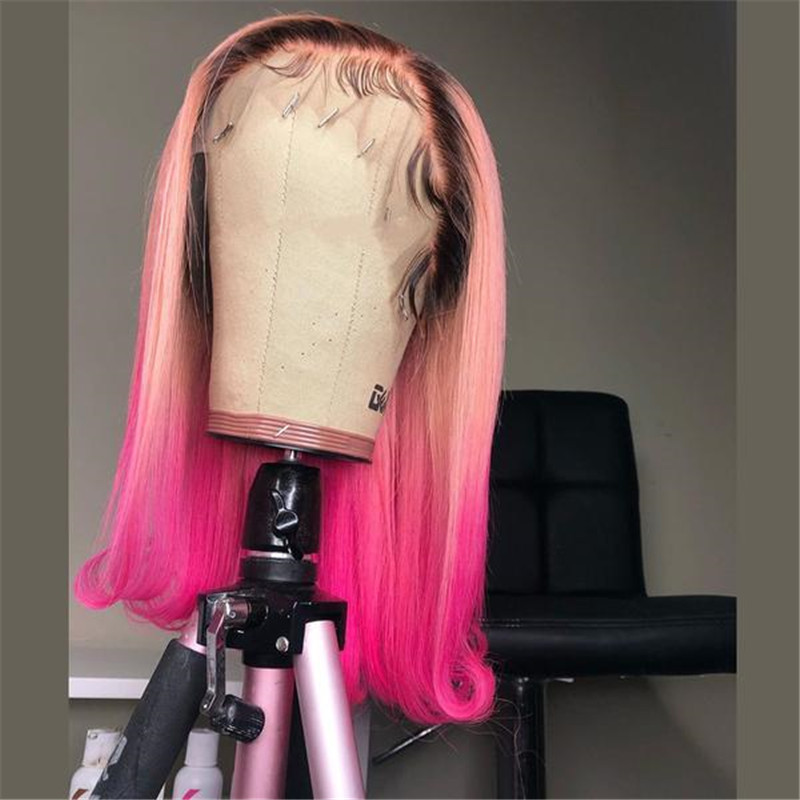 Human Hair Pink Ombre Color Dark Root Lace Front Bob Wig