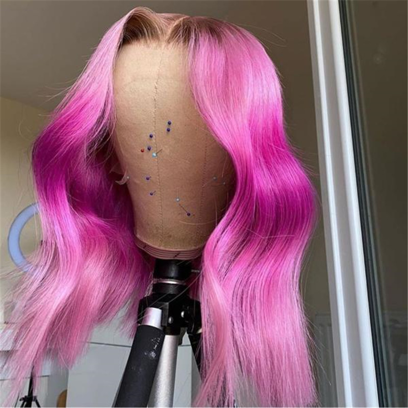 Peruvian Hair Pink Ombre Color Black Root Lace Front Wig