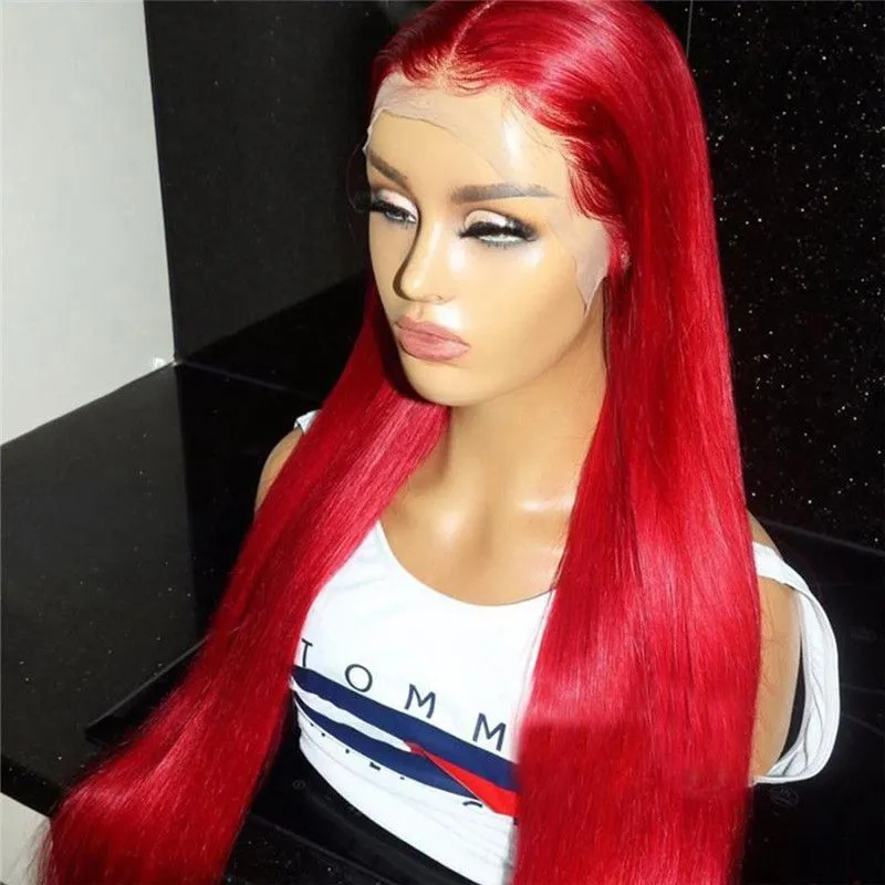 Straight Red Lace Front Human Hair Wigs 99J Brazilian Remy Red Colored Wigs For Women Red Lace Front Wig Bleached Knots 150%