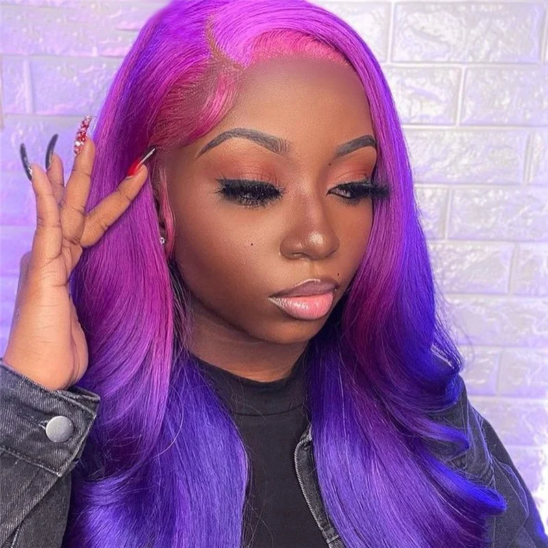 150% Density Purple Red Glueless Colored Human Hair Wigs For Women Brazilian Body Wave Ombre Lace Front Wig Bleached Knots