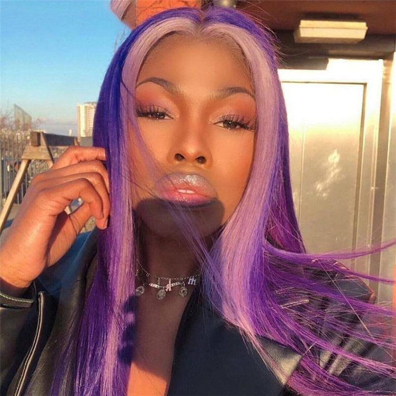 Purple Highlight Wig Pre Plucked Straight Lace Part Wig Brazilian Honey Blonde Ombre Colored Human Hair Wigs 150%