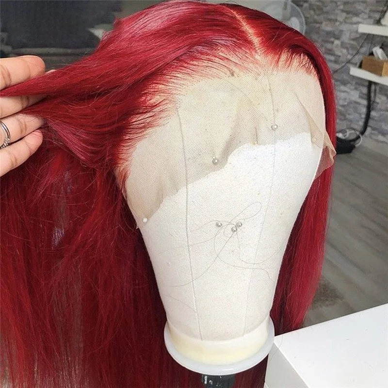 Straight Red Lace Front Human Hair Wigs 99J Brazilian Remy Red Colored Wigs For Women Red Lace Front Wig Bleached Knots 150%