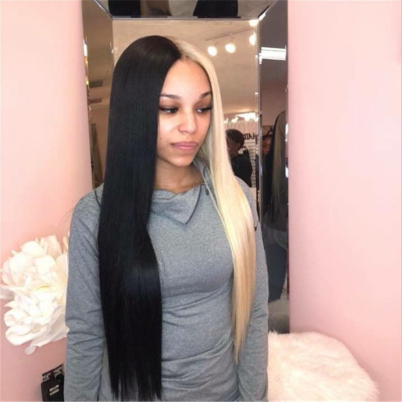 Peruvian Hair Lace Front Wig Half Blonde Half Black Color
