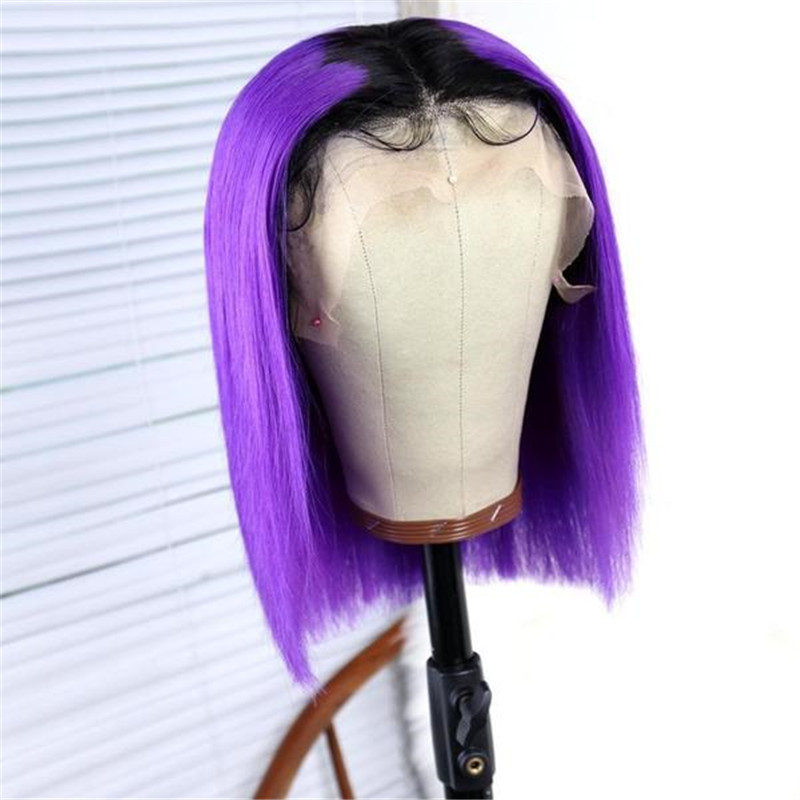 Peruvian Hair Lace Front Purple Color With Dark Root Bob Wig