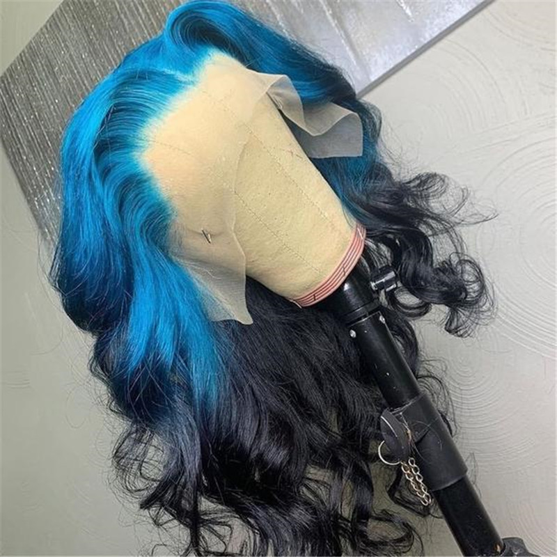 Human Hair Blue And Black Ombre Color Lace Front Wig