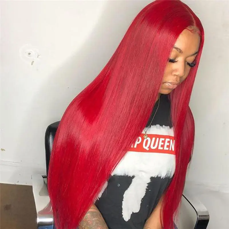 Straight Red Lace Front Human Hair Wigs 99J Brazilian Remy Red Colored Wigs For Women Red Lace Front Wig Bleached Knots 150%