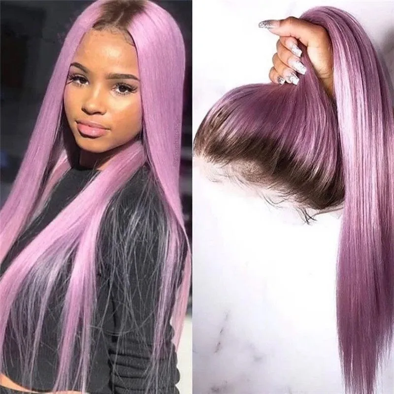 Lilac Purple With Dark Root Straight Lace Front Wigs Transparent Purple Lace Front Wig Straight Colored Human Hair Wigs For Women