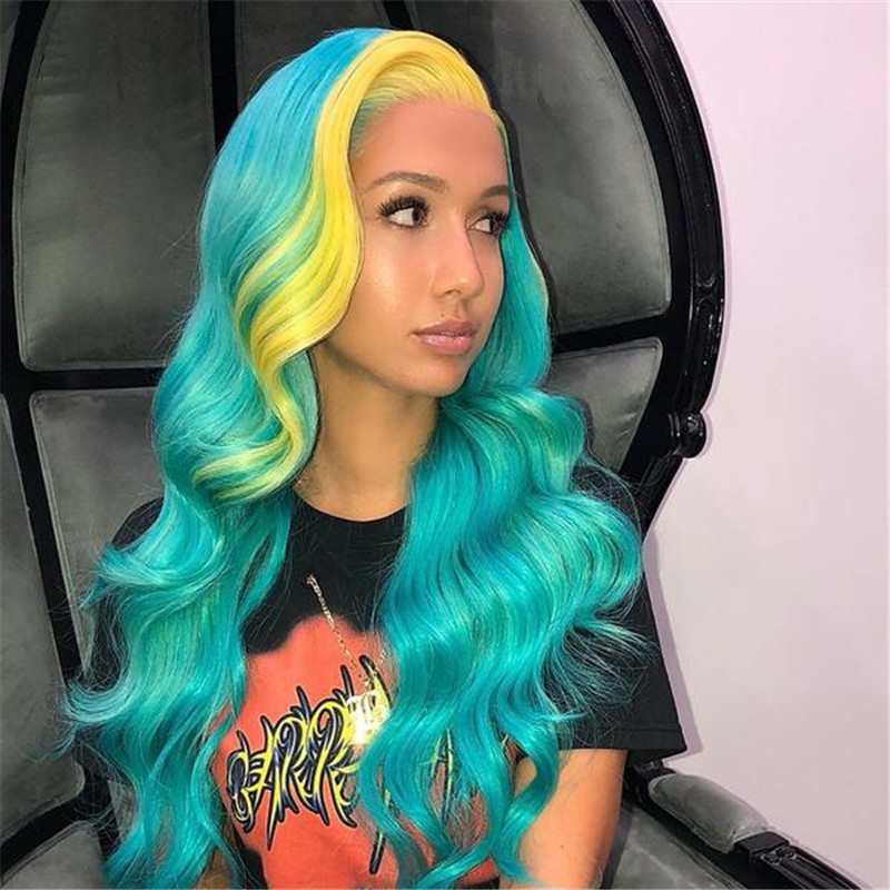 Peruvian Hair Lace Front Wig Lake Blue Color Yellow Highlight