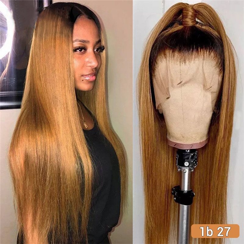 Straight Brown 13x4 Lace Front Wig Honey Blonde Brazilian Remy 1b/27 Ombre Lace Front Human Hair Wigs For Women Bleach Knots