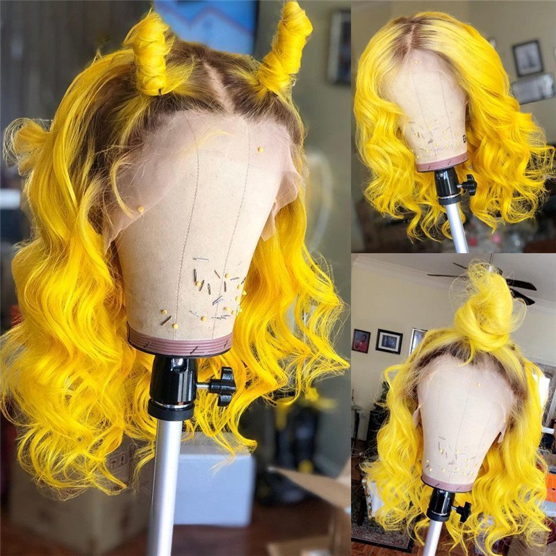 Body Wave Brown Yellow Ombre Lace Front Wig Pre Plucked Brazilian Remy Brown Human Hair Wig #60 Yellow Colored Wigs Transparent