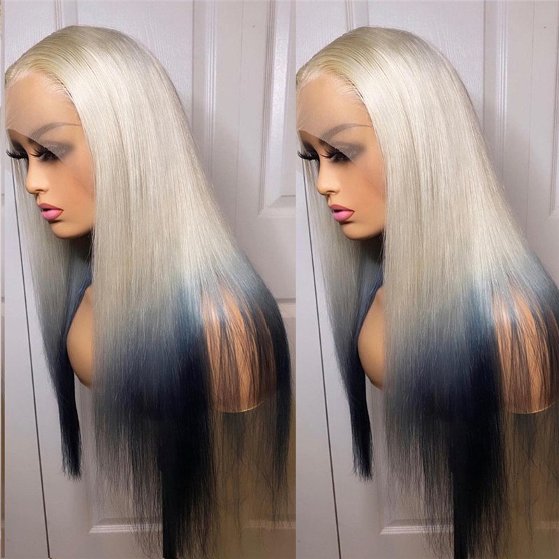 Straight Blue Colored Human Hair Wigs For Women Ombre Lace Front Wig Preplucked Brazilian Remy Highglight Lace Wig