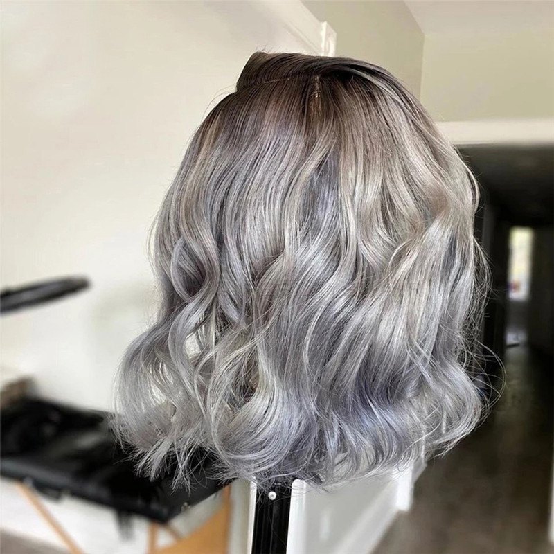 1B/Grey Human Hair Wig Wavy Bob Lace Front Human Hair Wigs Brazilian Remy Preplucked Grey Colored Lace Front Wigs Closure Wig