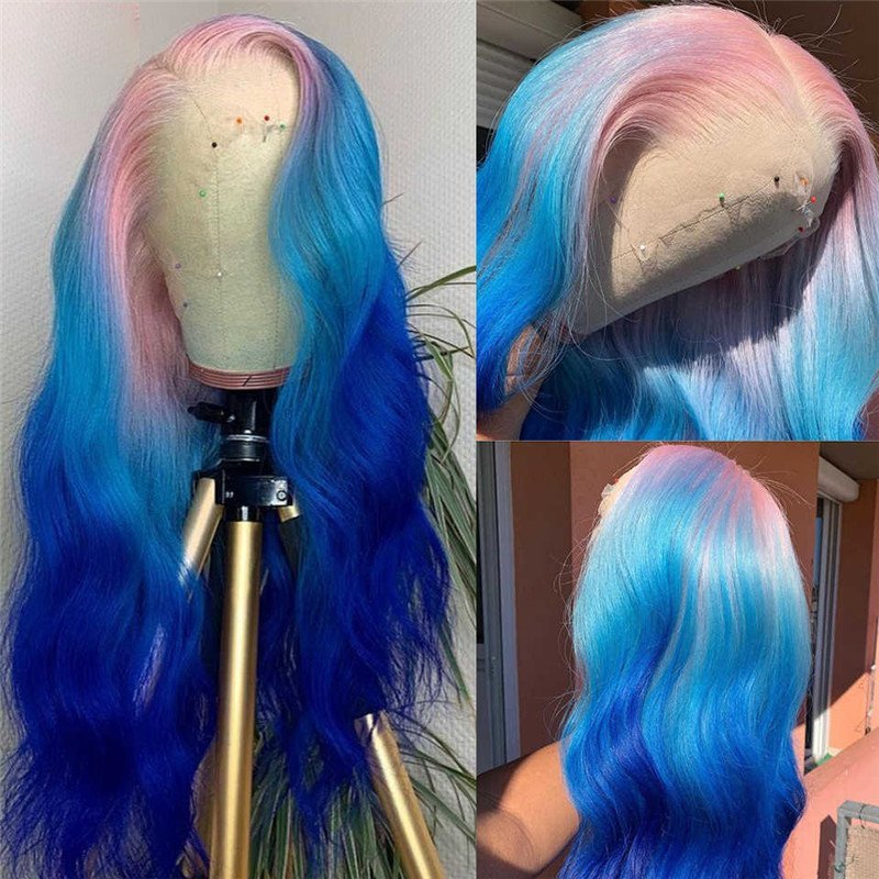 Body Wave Pink Lace Front Human Hair Wigs Brazilian Remy Highlight Colored Lace Front Wigs Ombre Blue Human Hair Lace Wig 150%