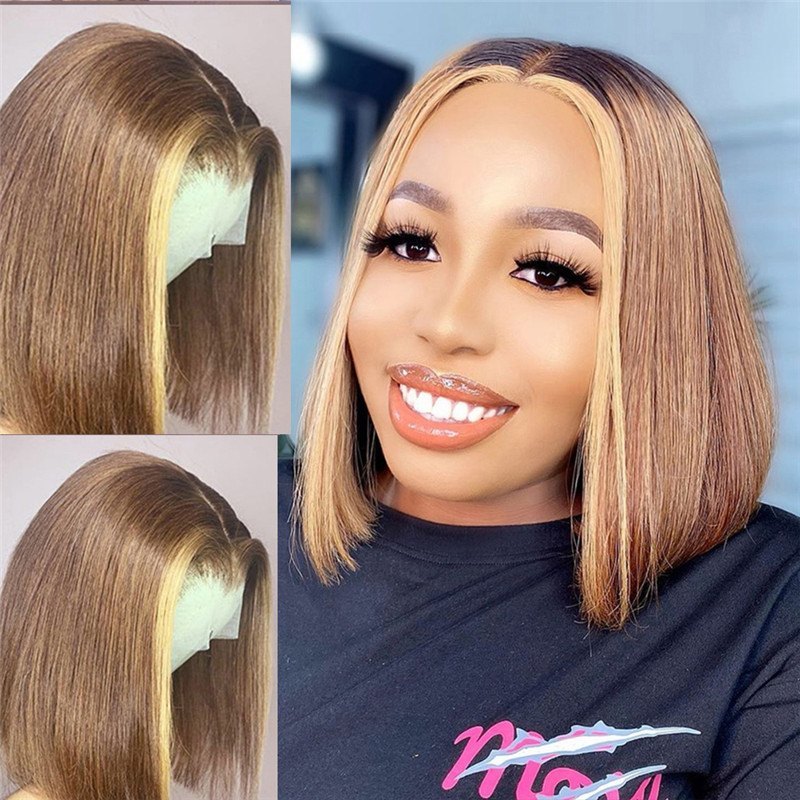 Straight Bob Wig Highlight Wig Human Hair Brazilian Lace Front Human Hair Wigs for Women Honey Blonde Colored Human Hair Wigs