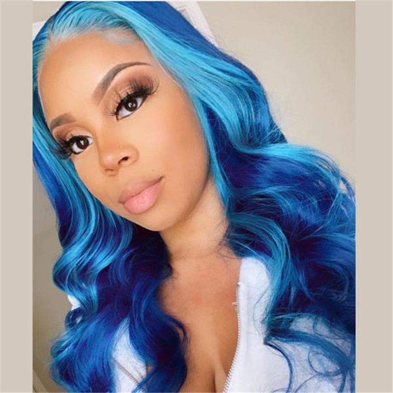 Virgin Human Hair Blue Highlight Lace Front Styled Wig