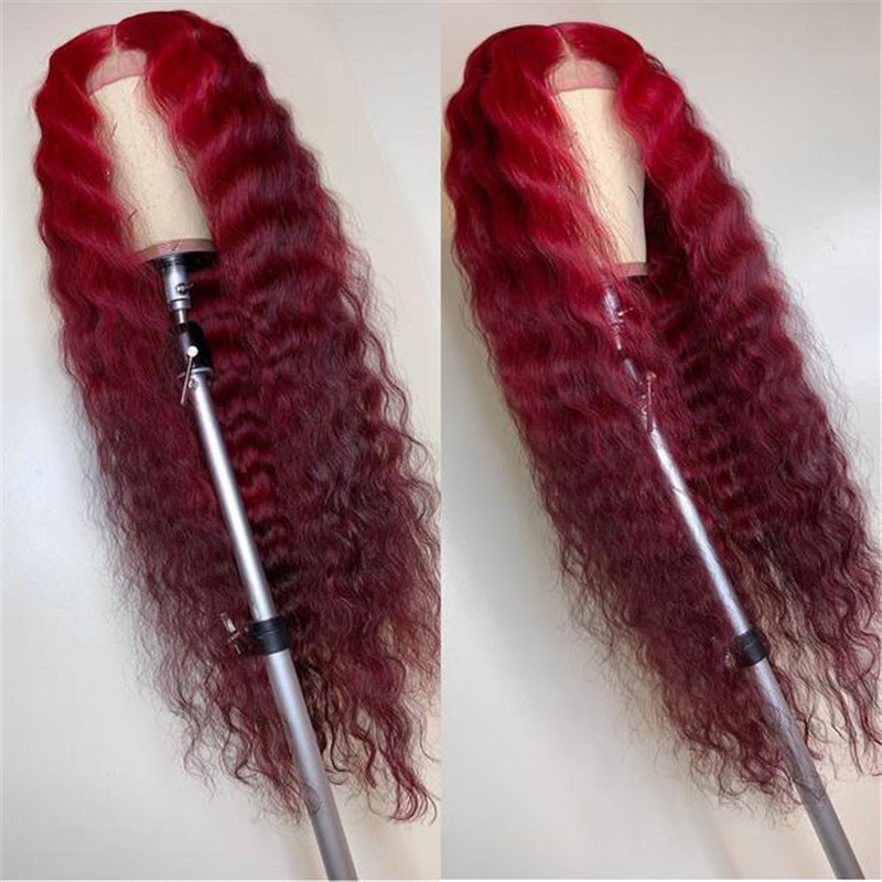 Peruvian Hair Red and Dark Red Ombre Deep Wave Lace Front Wig