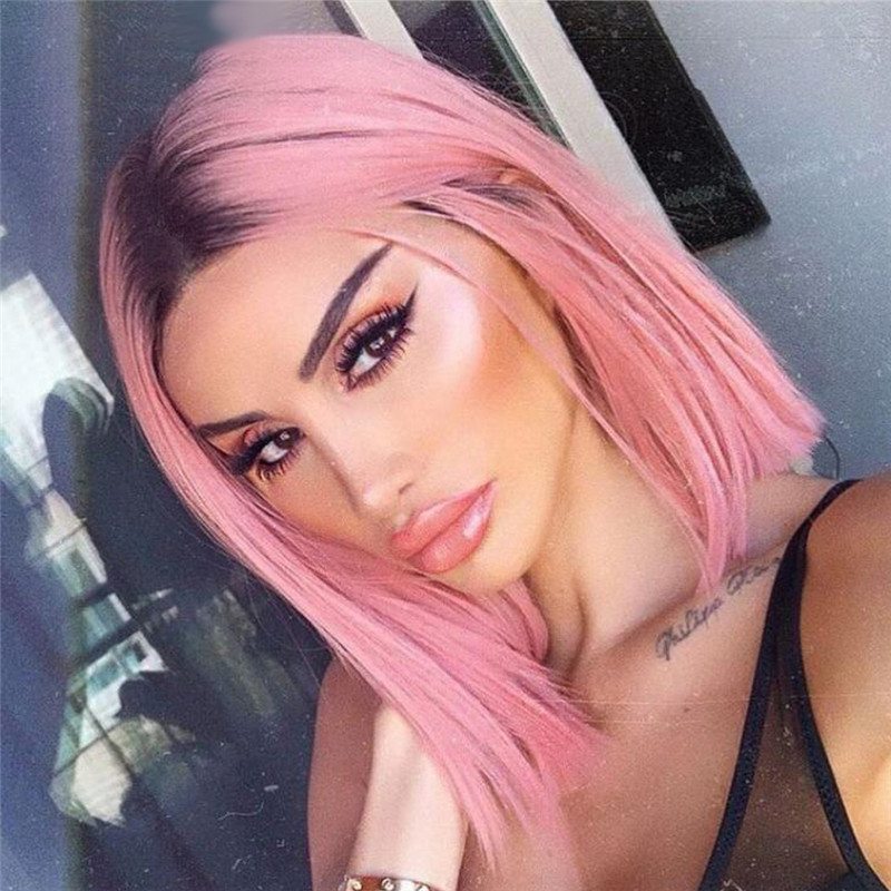 Purple Pink Ombre Lace Front Wig Straight Bob Wigs For Women Brazilian Remy Transparent Lace Wigs 1B/Pink Colored Bob Wig 150%