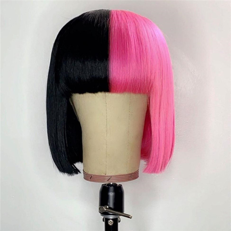 Human Hair Half Black Half Hot Pink Lace Front Bob Wig With Bang