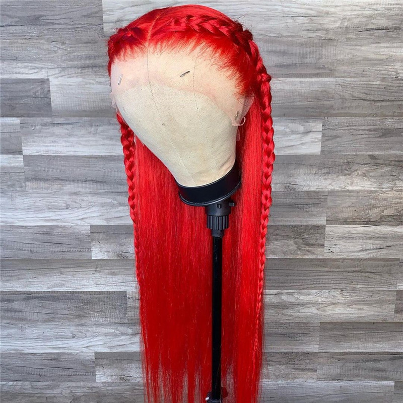 Human Hair Bright Red Color Lace Front Straight Wig