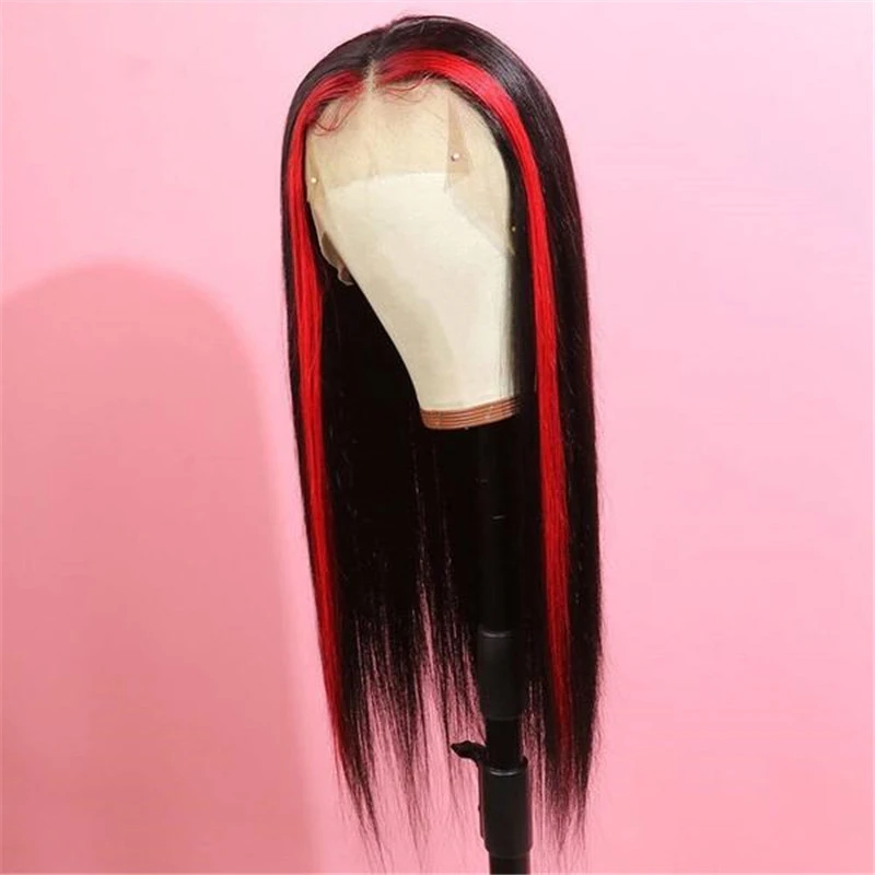 Peruvian Hair Lace Front Black Color Red Streak Highlight Wigs