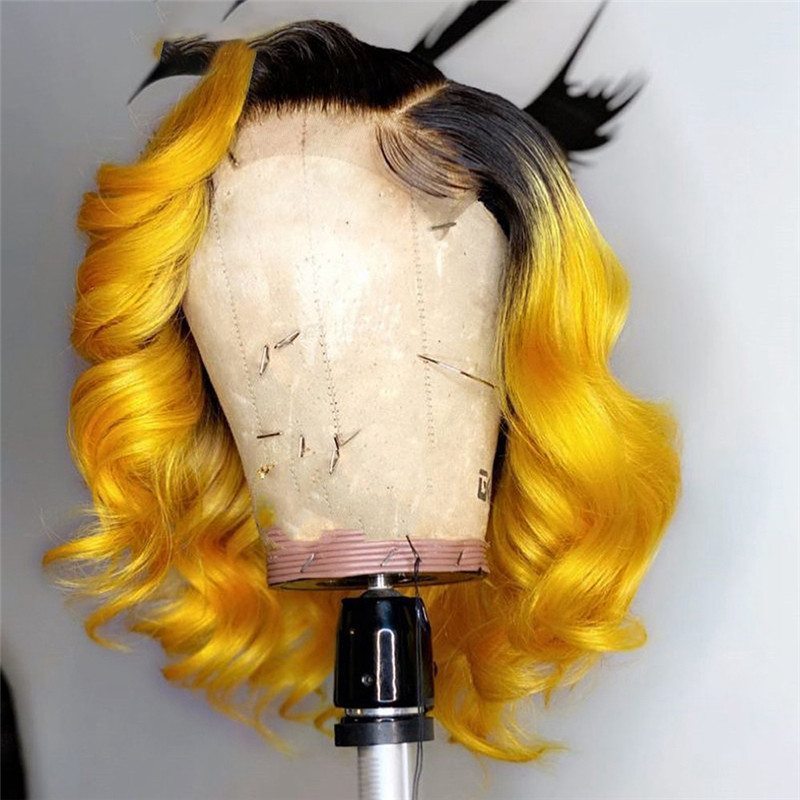 Wavy Bob Yellow Ombre Closure Wig Brazilian Remy Transparent Lace Wigs Colored Human Hair Wigs For Women Preplucked