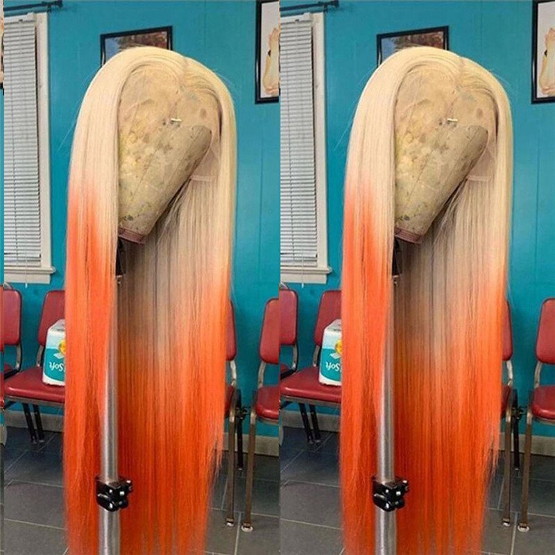 Transparent Lace Wigs For Women Ombre Orange Human Hair Wig Brazilian Remy Hair Straight Highlight Lace Front Wig