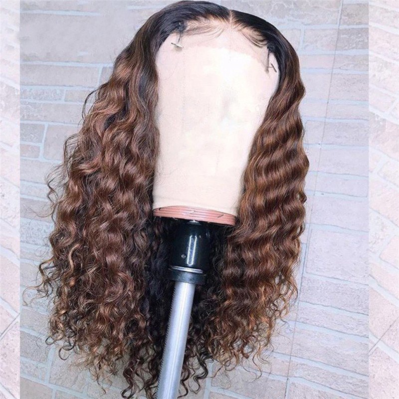 Curly Human Hair Wig Brazilian Highlight Wig Brown Ombre Deep Curly Lace Front Wig 150% Density  Curly Wigs For Women Pre Plucked