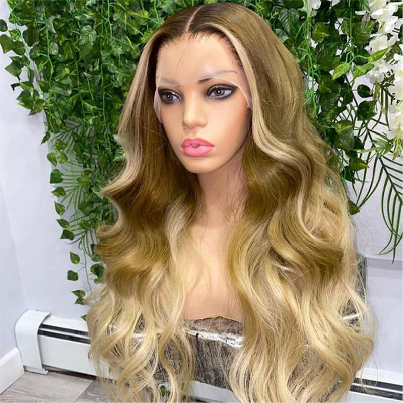 Peruvian Hair Olive Green Ombre Color Black Root Lace Front Wig