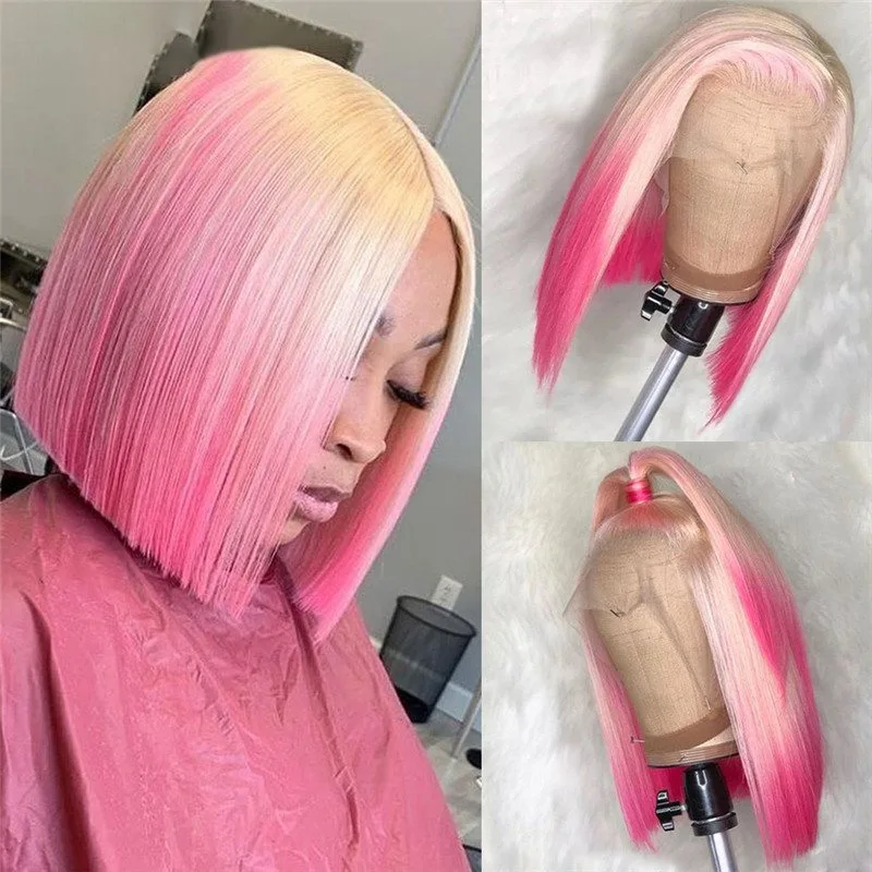 Pink Colored Short Bob Human Hair Wigs For Women Peruvian Remy Ombre Lace Front Wig Glueless Straight Wig Pre Plucked