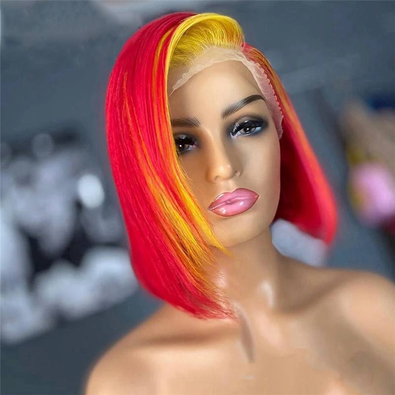 Ombre Short Bob Wigs For Women Brazilian Grey Red Yellow Highlight Lace Front Human Hair Wigs With Baby Hair 4x4 Closure Wig