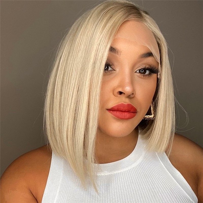 Short Bob #2/#60 Ash Blonde Lace Front Human Hair Wigs For Women Brazilian Remy Hair Bob Straight Lace Front Wig Pre Plucked