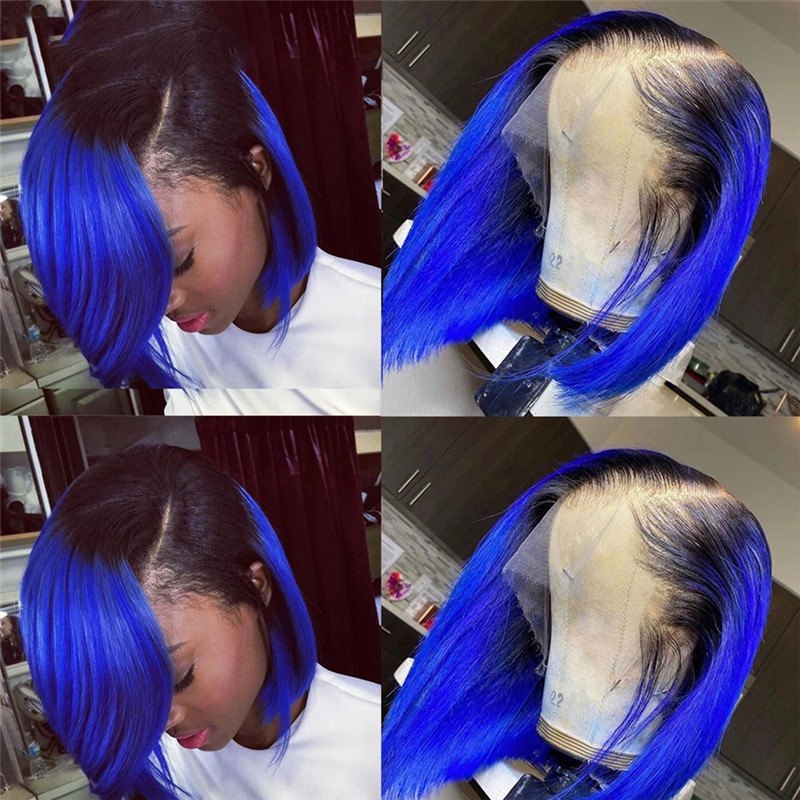 150% Density 1B T Blue Short Bob Human Hair Wigs Transparent Lace Front Wig Brazilian Remy Hair Blue Bob Lace Front Wig Pre Plucked
