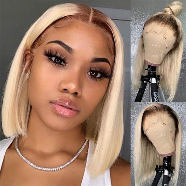 Straight T4/613 Ombre Blonde Lace Front Wig Brazilian Remy Bob Human Hair Wigs 13x4 Transparent Lace Pre Plucked Closure Wig