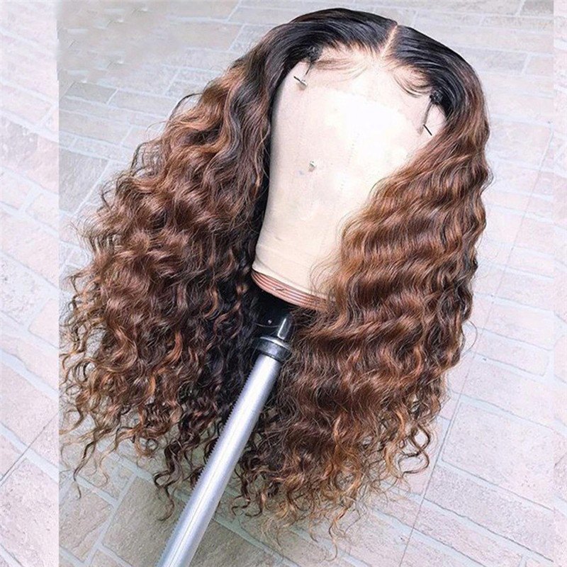 Curly Human Hair Wig Brazilian Highlight Wig Brown Ombre Deep Curly Lace Front Wig 150% Density  Curly Wigs For Women Pre Plucked