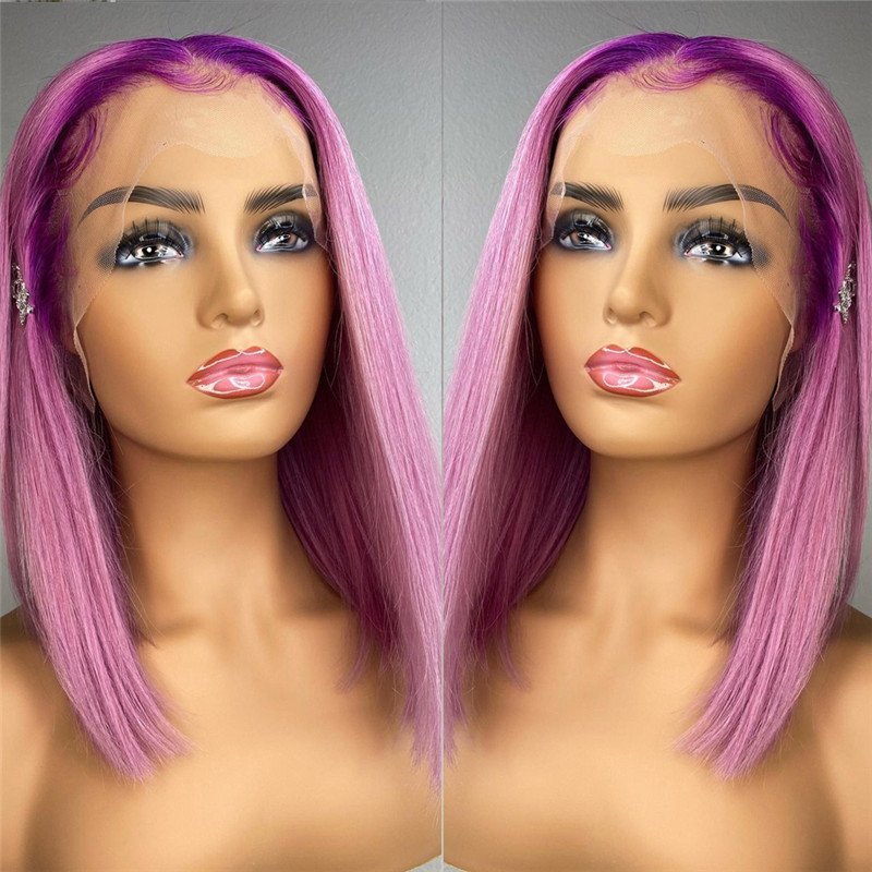 Purple Pink Ombre Lace Front Wig Straight Bob Wigs For Women Brazilian Remy Transparent Lace Wigs 1B/Pink Colored Bob Wig 150%