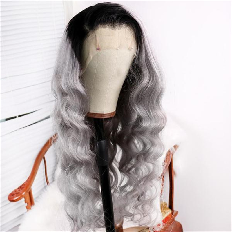 Human Hair Silver Grey Color With Dark Root Lace Front Wig