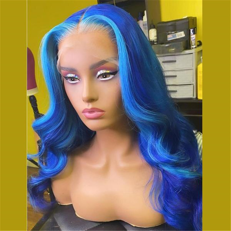 Virgin Human Hair Blue Highlight Lace Front Styled Wig